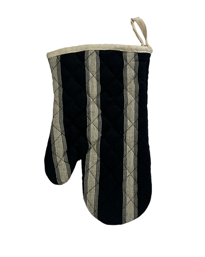 A black and natural cotton striped oven mitt from Sterck & Co.