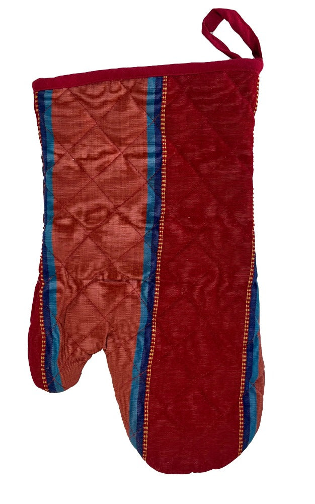 A vibrant and modern red and blue striped oven mitt from Sterck & Co.