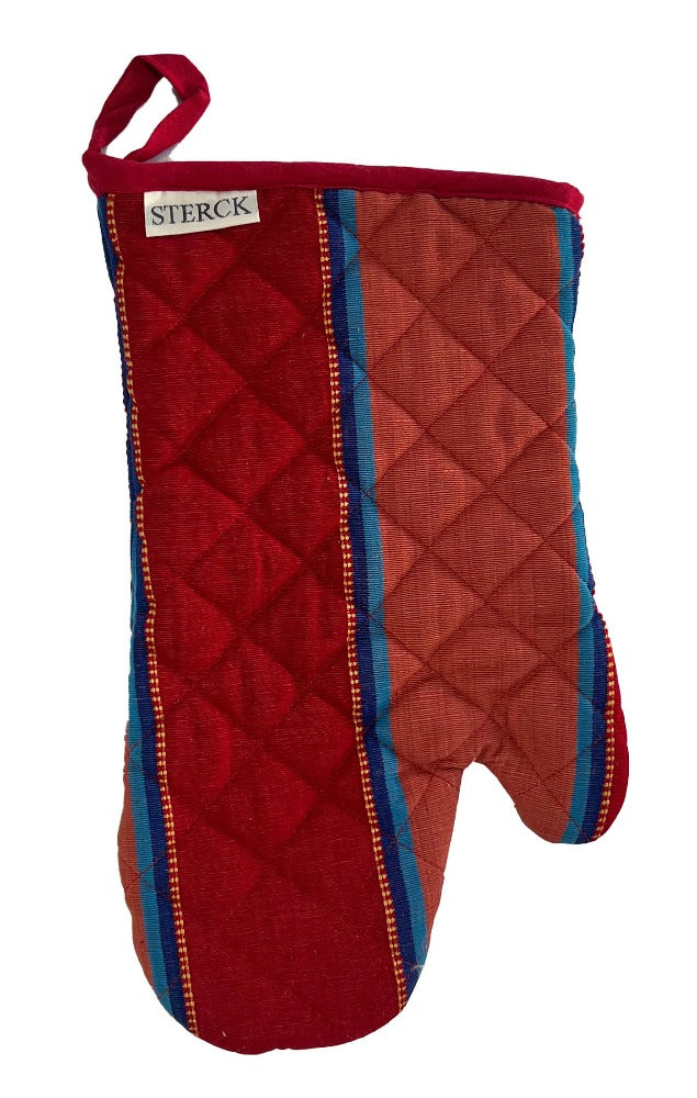 a vibrant and modern red and blue striped oven mitt from sterck & co.