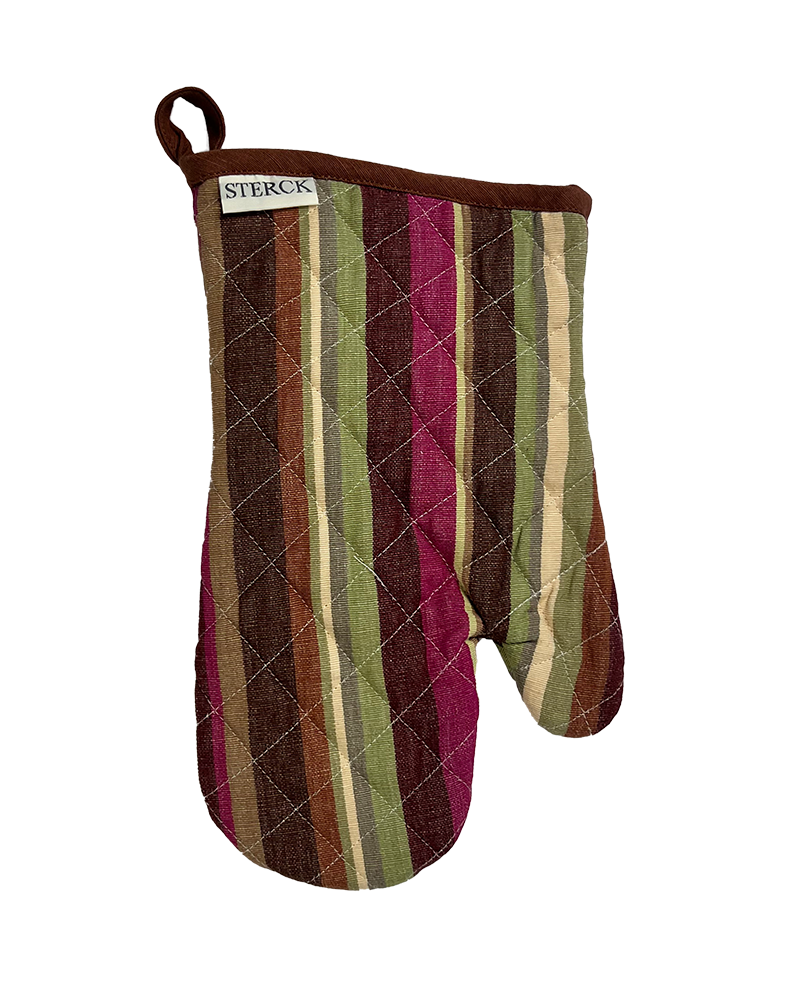 A modern striped oven mitt with purple and green overtones. From Sterck & Co.