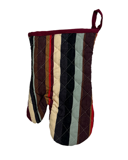 A modern striped oven mitt with brown, black and beige overtones from Sterck & Co.