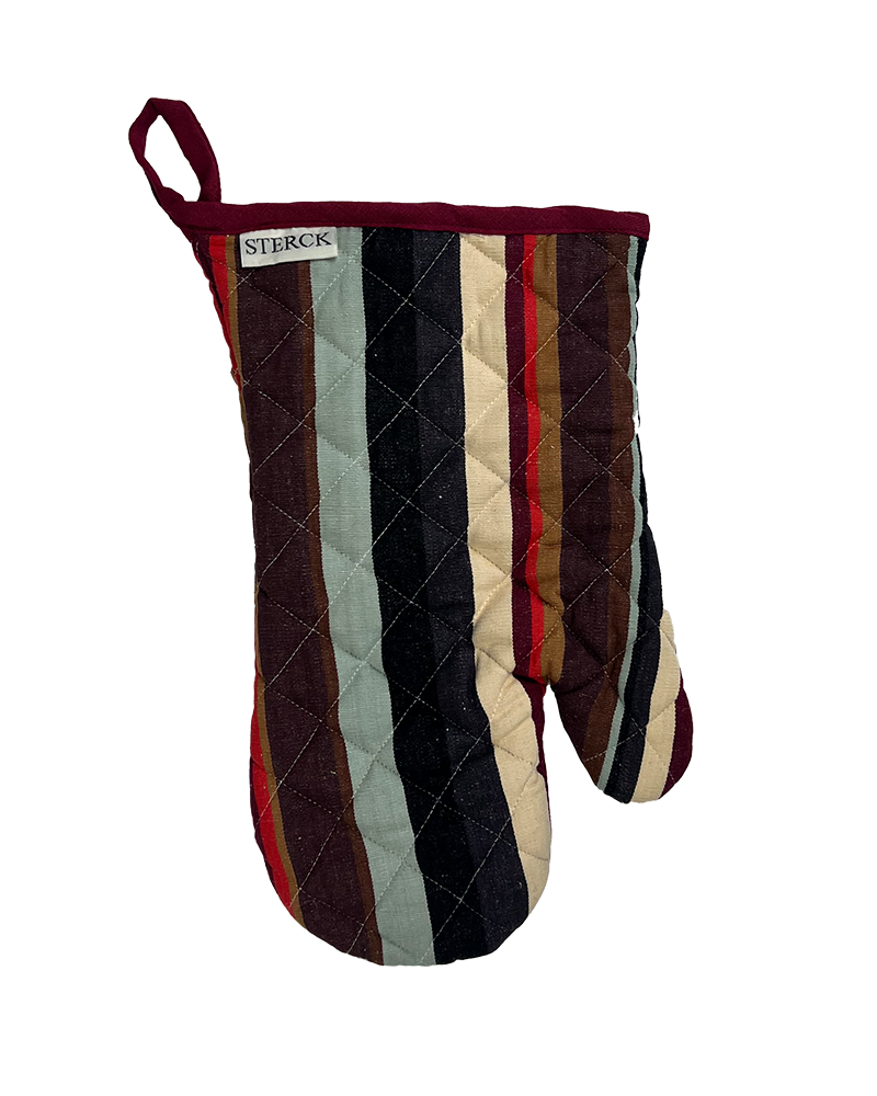 a modern striped oven mitt with brown, black and beige overtones from sterck & co.
