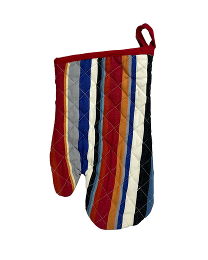 A modern striped oven mitt with red, blue and white overtones from Sterck & Co.