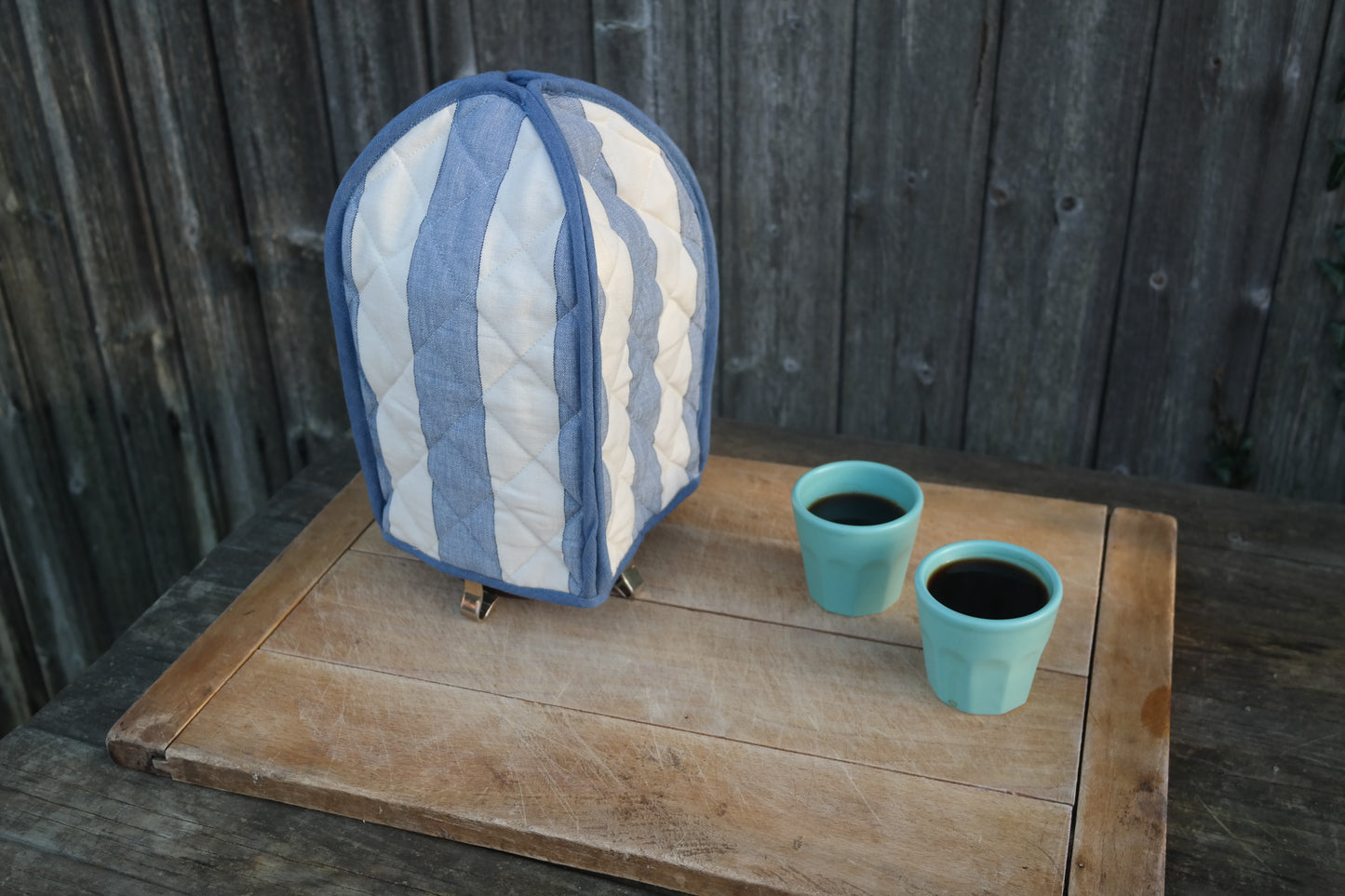 blue striped cafetiere french press cover for keeping coffee warm. from sterck & co.