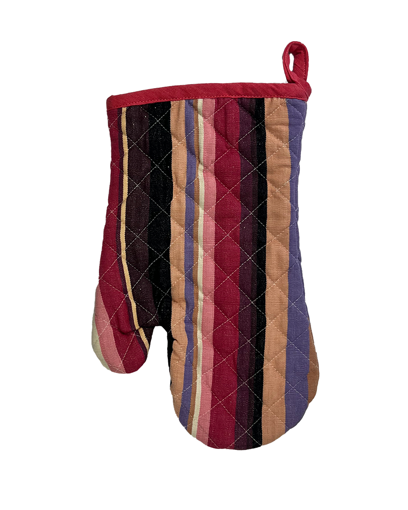 A modern striped oven mitt with pinkish overtones from Sterck & Co.