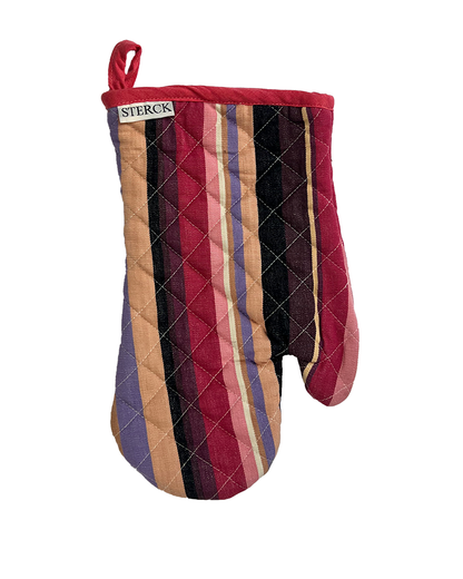 A modern striped oven mitt with pinkish overtones from Sterck & Co.