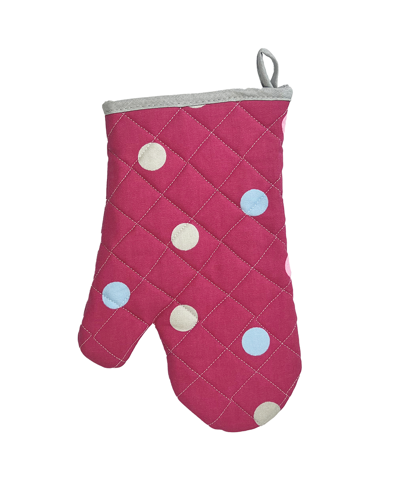 vibrant pink oven mitt with multicoloured polka dots from sterck & co.