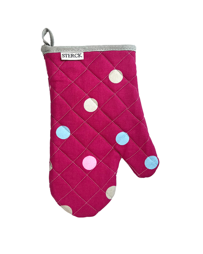 Vibrant pink oven mitt with multicoloured polka dots from Sterck & Co.