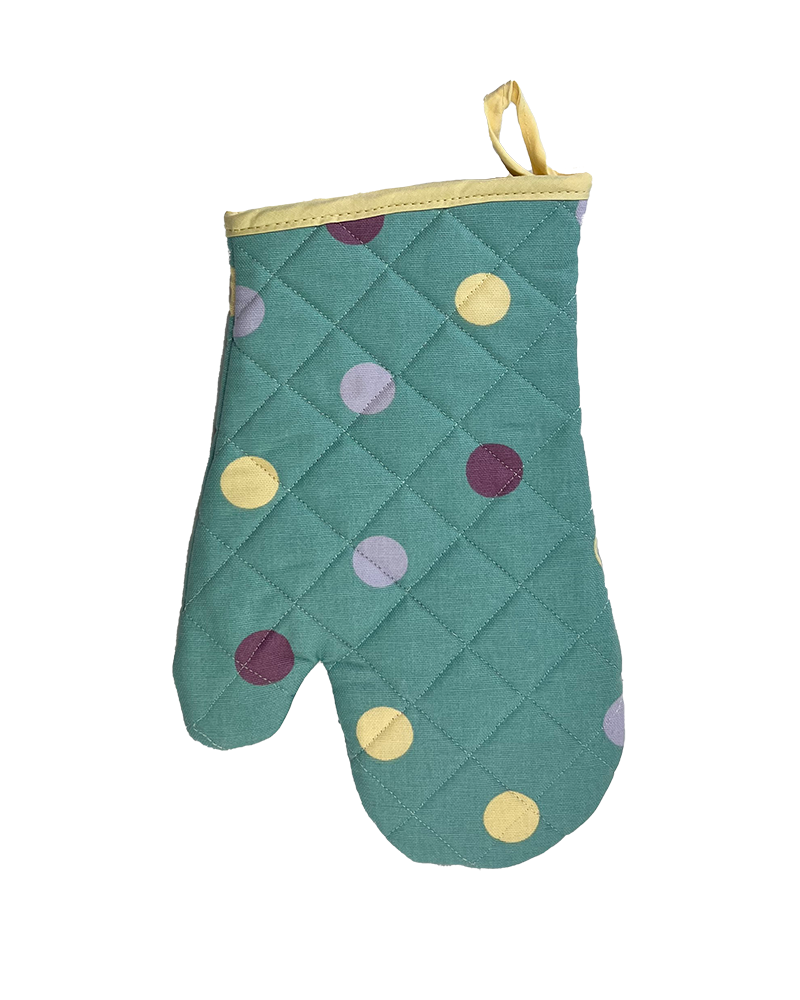 duck egg blue oven mitt with multicoloured polka dots from sterck & co.
