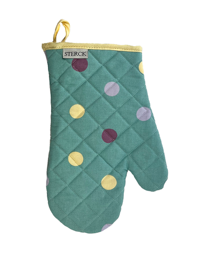 Duck egg blue oven mitt with multicoloured polka dots from Sterck & Co.