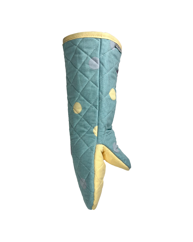 Duck egg blue and multicoloured oven gauntlets with yellow detailing. From Sterck & Co.