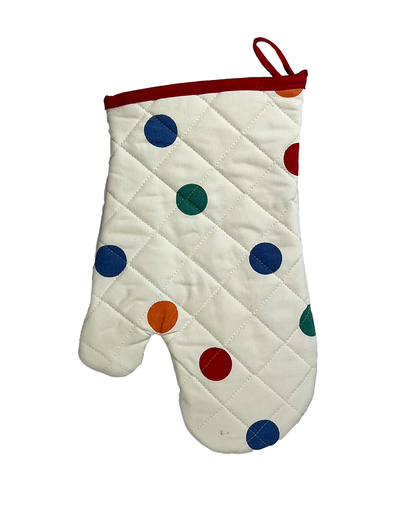 White oven mitt with multicoloured polka dots from Sterck & Co.