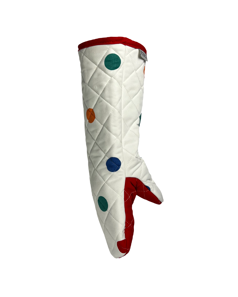 white and multicoloured polka dot oven gauntlets with red detailing from sterck & co.
