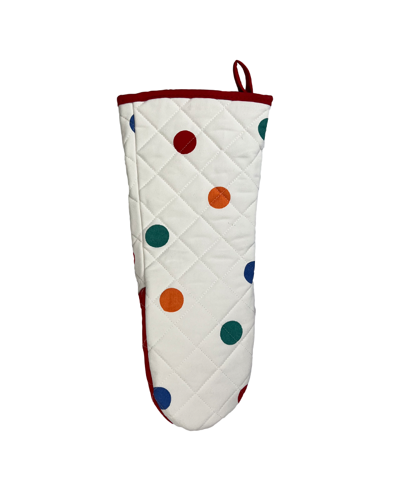 white and multicoloured polka dot oven gauntlets with red detailing from sterck & co.