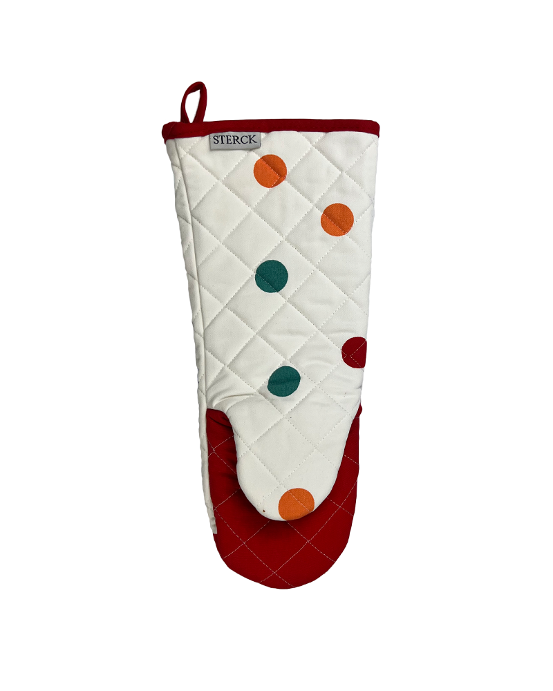 White and multicoloured polka dot oven gauntlets with red detailing from Sterck & Co.
