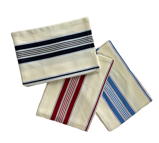 Pack of three beige striped cotton tea towels by Sterck & Co. Close up photo of the 3 different styles of tea towel in a Blue, Navy and red striped cotton fabric.