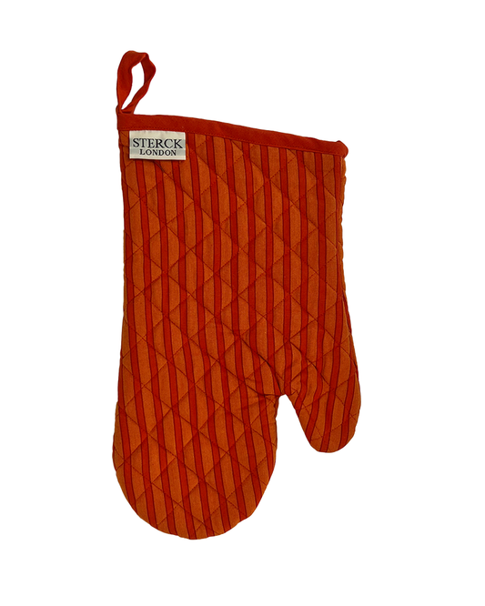 A modern orange and red striped oven mitt from Sterck & Co.