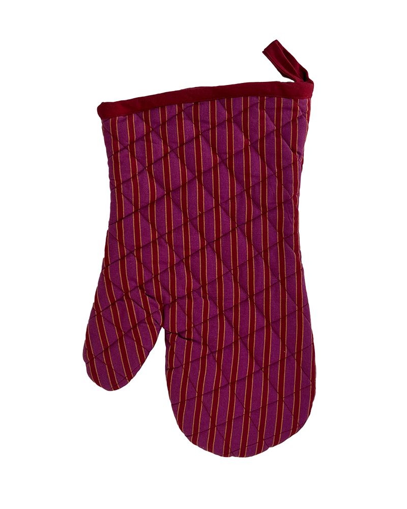 A vibrant modern purple and red striped oven mitt from Sterck & Co.