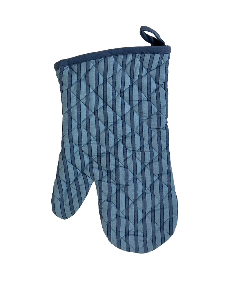 A vibrant blue modern striped oven mitt from Sterck & Co.