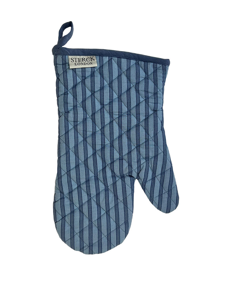 a vibrant blue modern striped oven mitt from sterck & co.