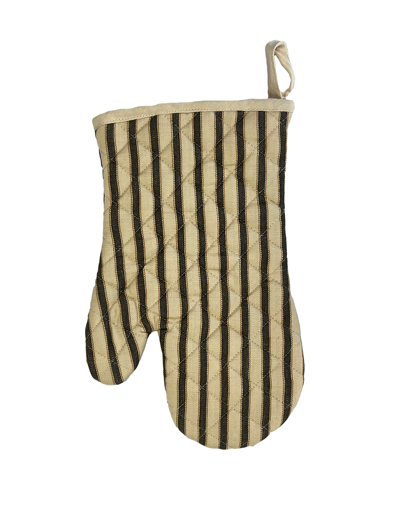 a timeless black and natural cotton striped oven mitt, from sterck & co.