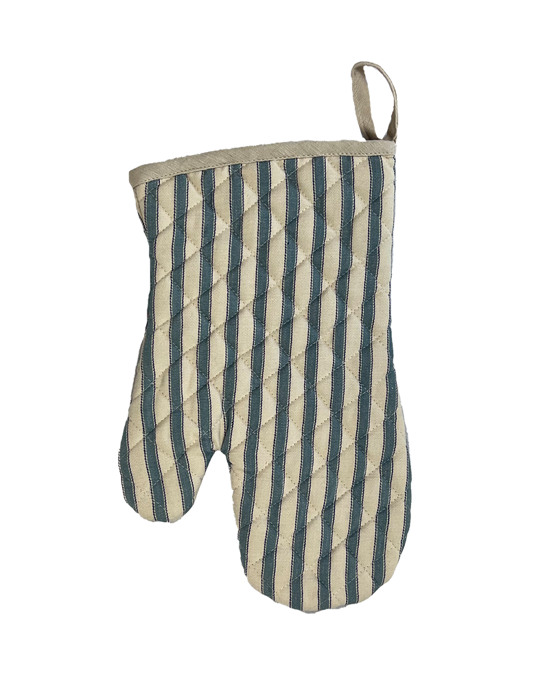 A timeless blue and natural cotton striped oven mitt from Sterck & Co.