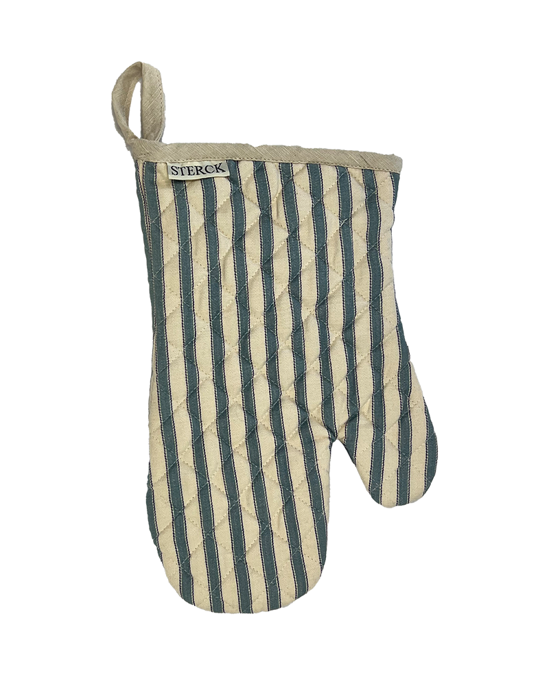 a timeless blue and natural cotton striped oven mitt from sterck & co.