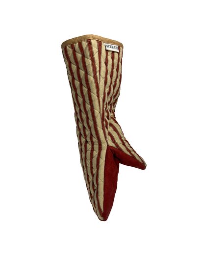 A classic red and natural cotton oven gauntlet from Sterck & Co.