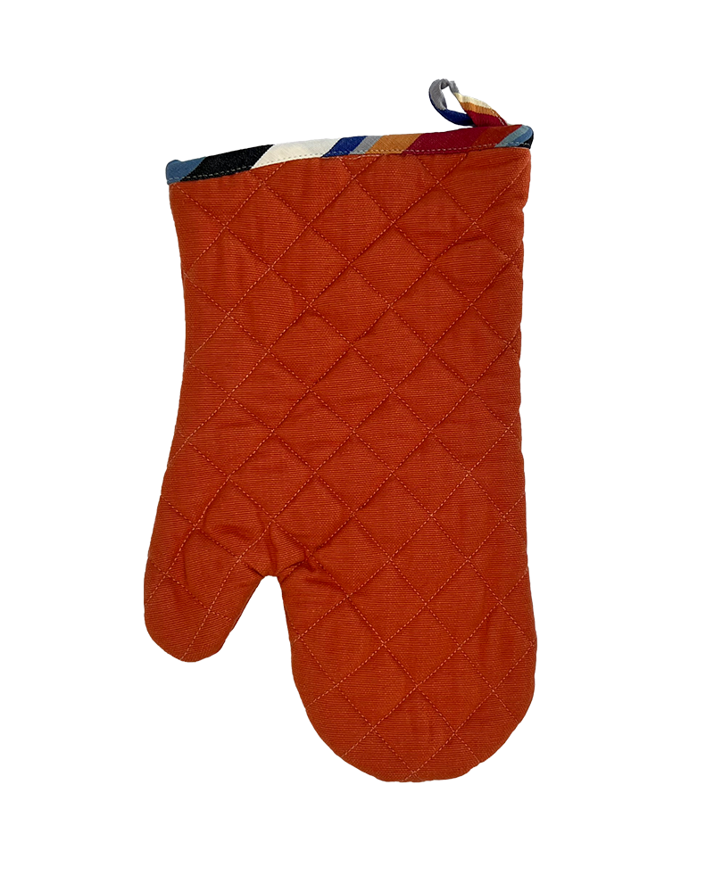 a colourful orange oven mitt with modern striped detailing at the cuff. from sterck & co.