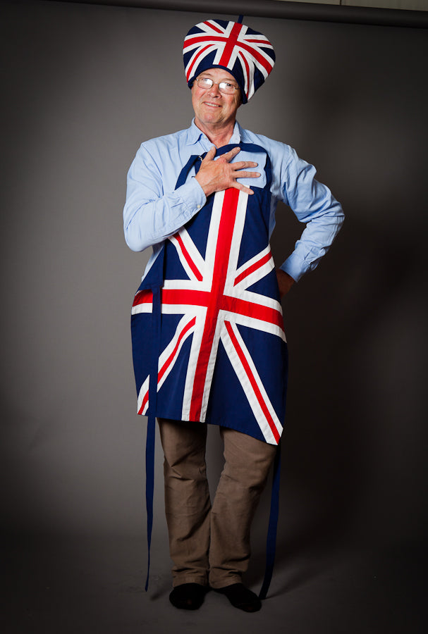 flying the flag. union jack apron and tea cosy, which can double as a hat in an emergency.