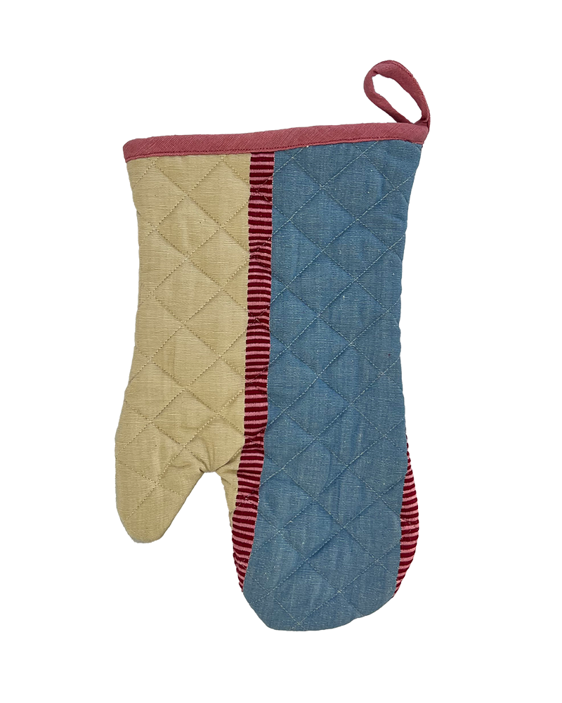 zaika beige blue. a wide striped oven mitt with ticking detailing, all in vibrant colours from sterck & co.
