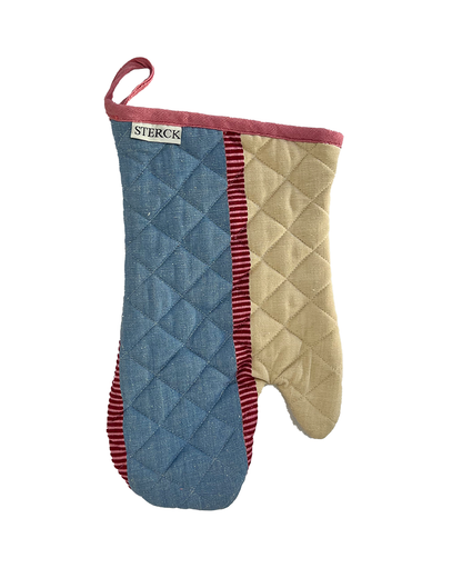 Zaika Beige Blue. A wide striped oven mitt with ticking detailing, all in vibrant colours from Sterck & Co.