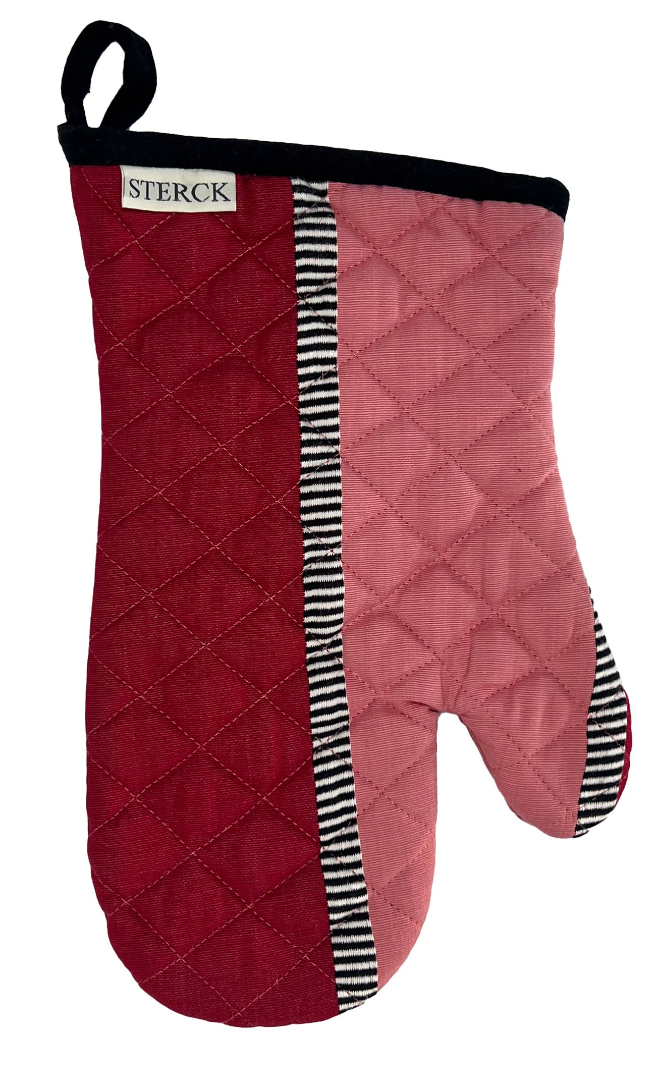 zaika black red. a wide striped pink and red oven mitt with ticking detailing from sterck & co.
