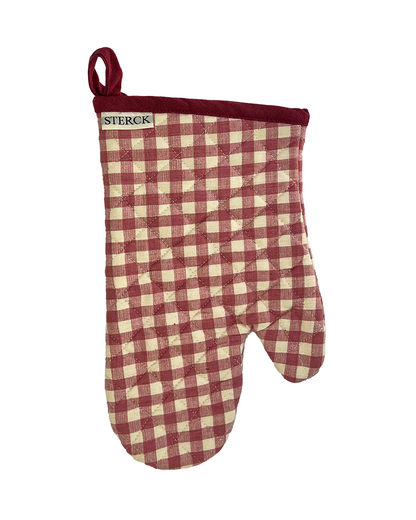 Pink gingham oven mitt.