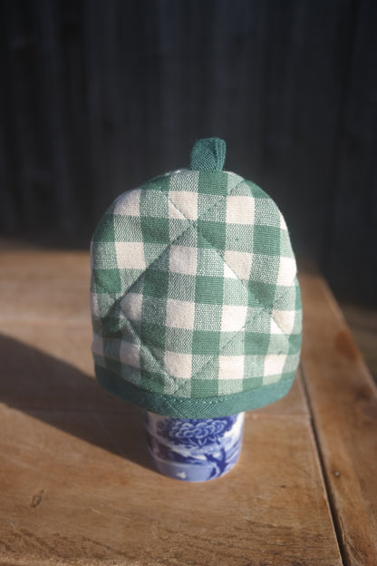 green gingham egg cosie
